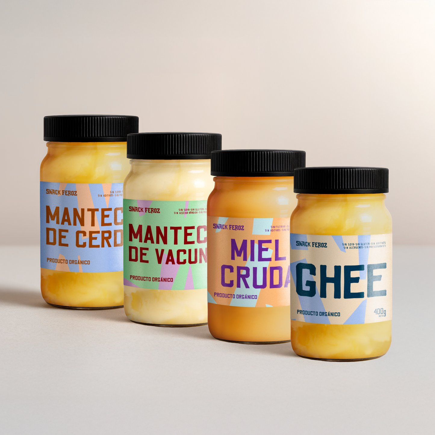 Pack Feroz: Mantecas & Miel (4×400 g) — Lard, Tallow, Ghee y Miel Cruda
