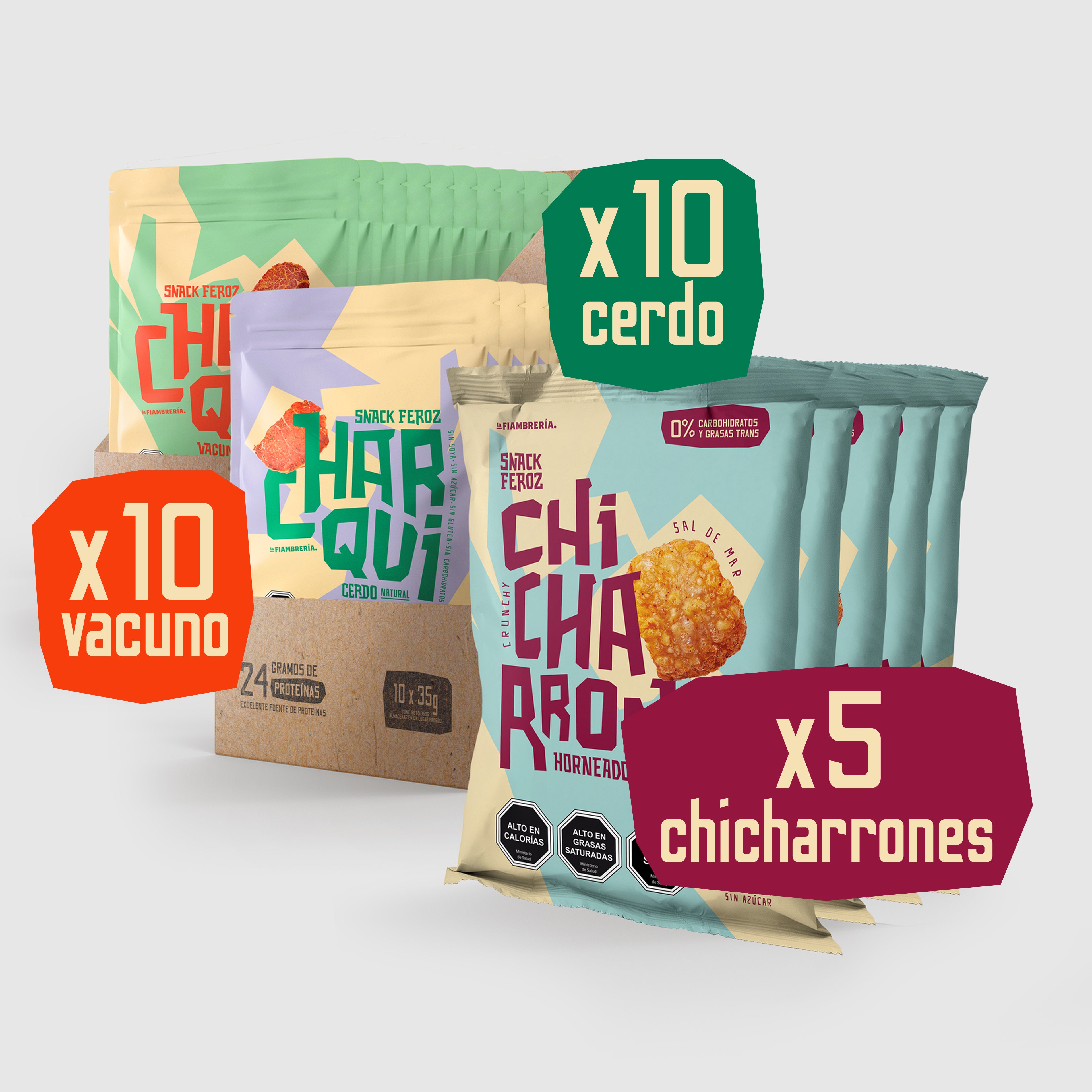 Bundle Feroz: 20 Charquis + 5 Chicharrones + Envio Gratis