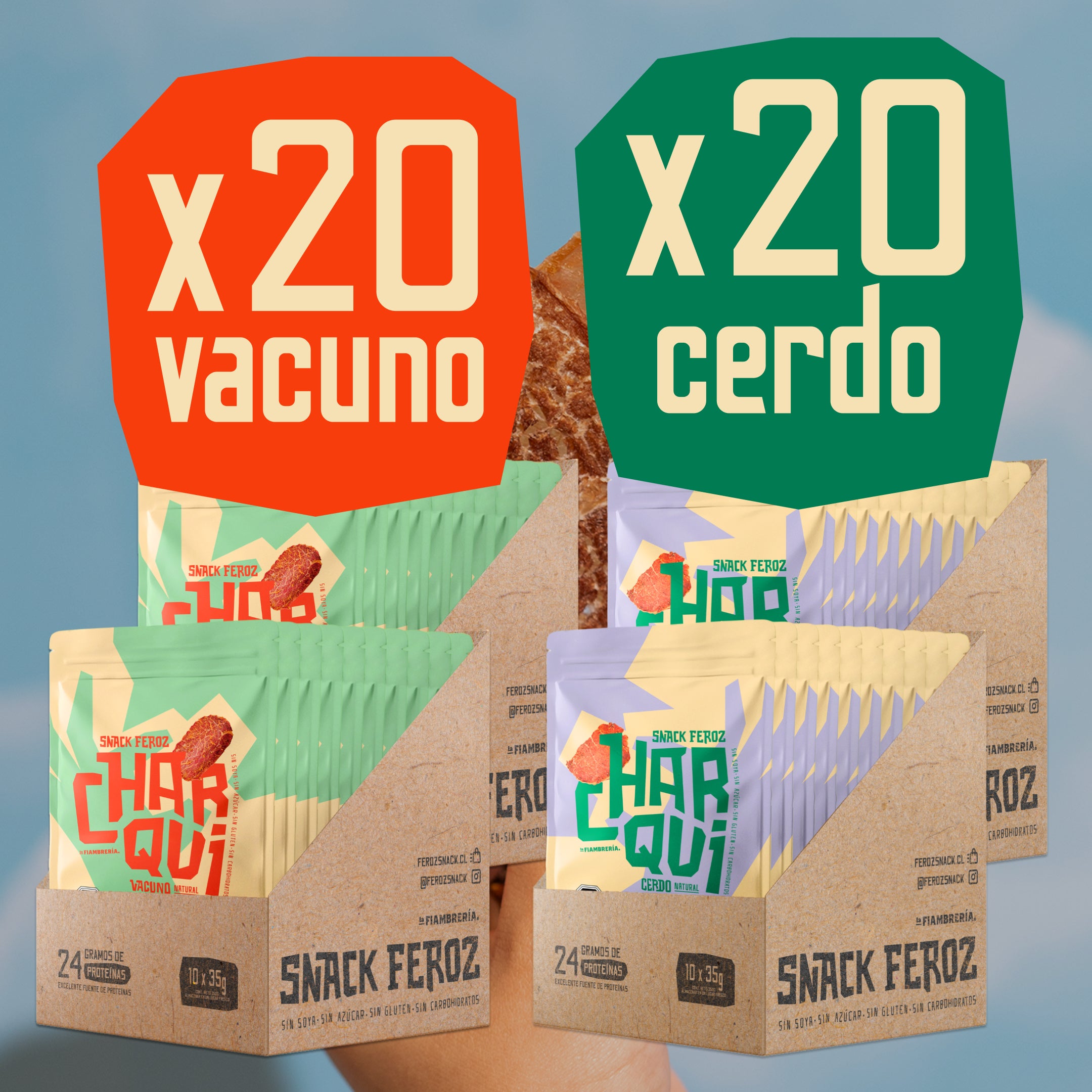 Pack Papá Feroz: 20 Charquis Vacuno + 20 Charquis Cerdo + Envío Gratis