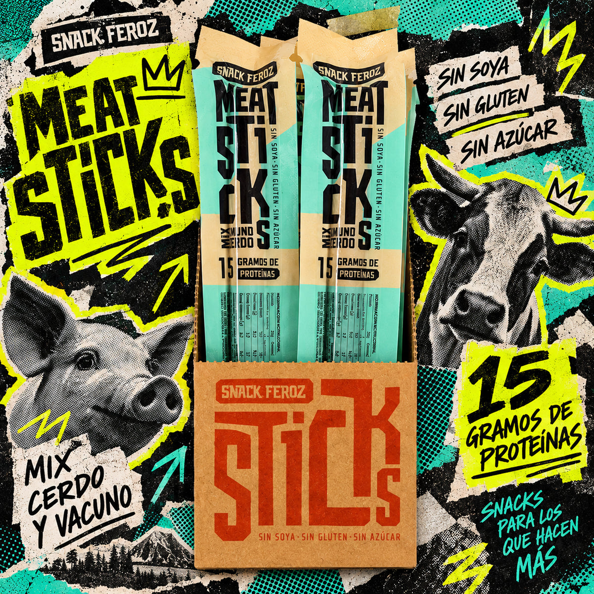 Box de 10 Meat Stick Feroz Snack, sticks de carne mitad vacuno y mitad cerdo listos para comer