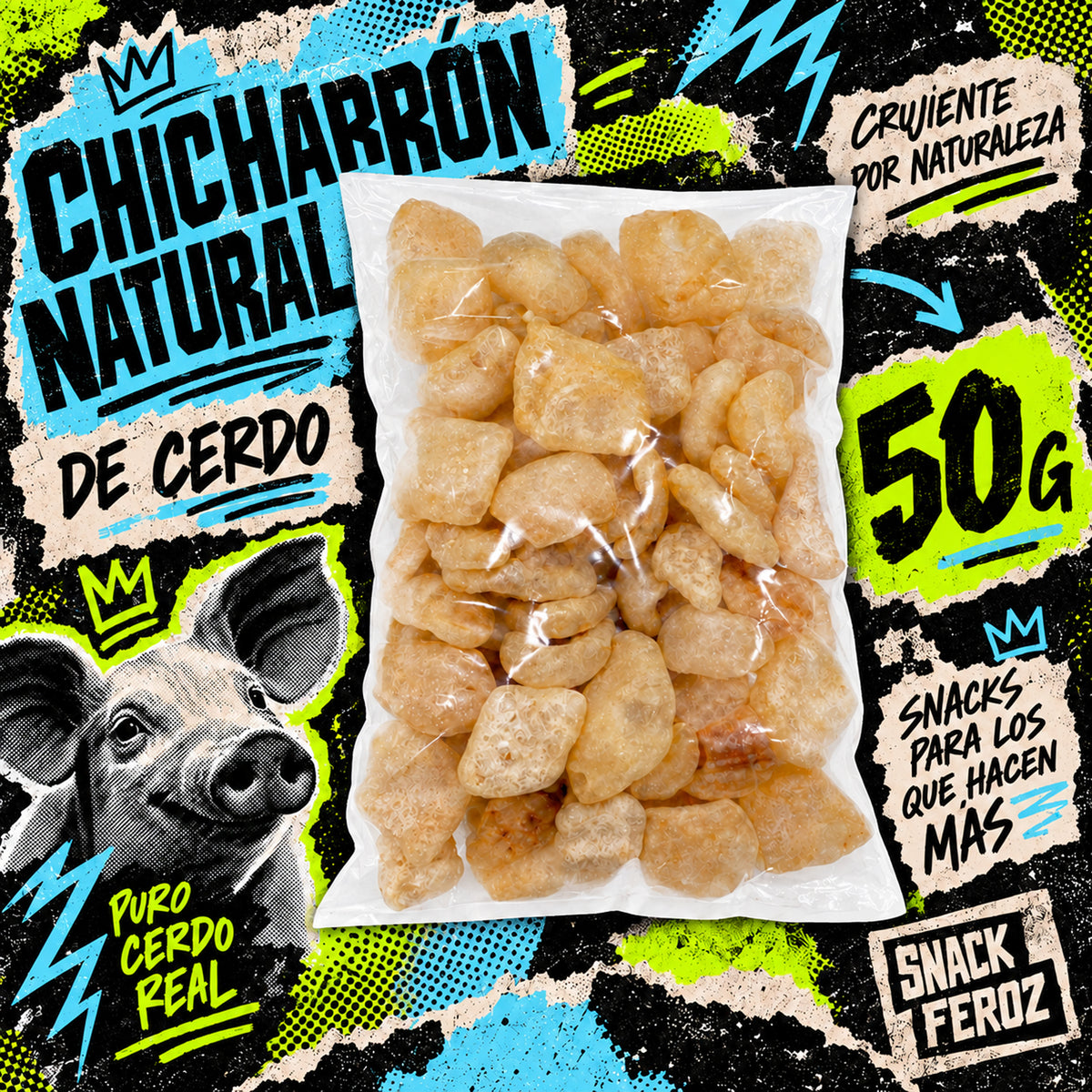 Bolsa de 50 g de Chicharrón Natural Feroz Snack, chicharrón de cerdo horneado