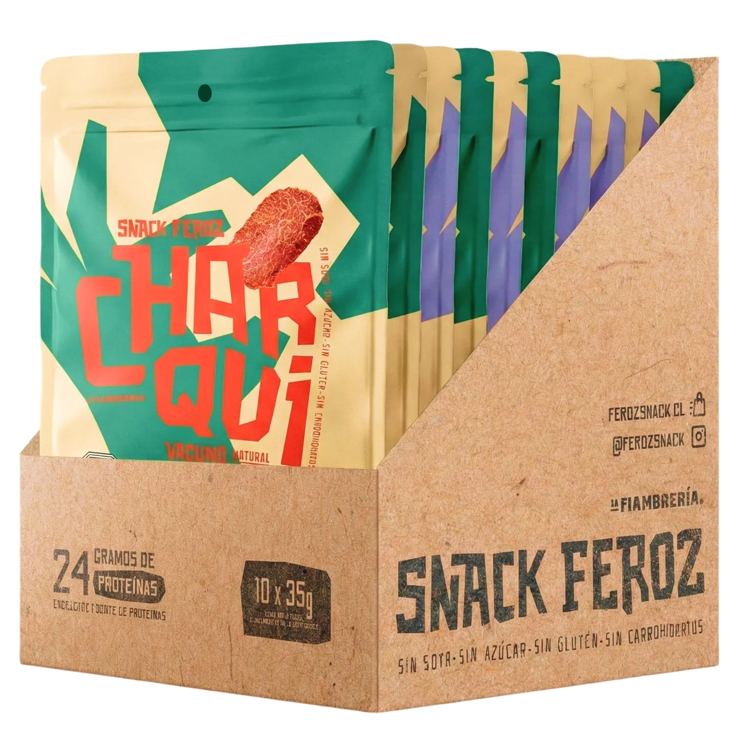 Mix Box de charqui sin azúcar Feroz Snack, 10 unidades: 5 vacuno y 5 cerdo