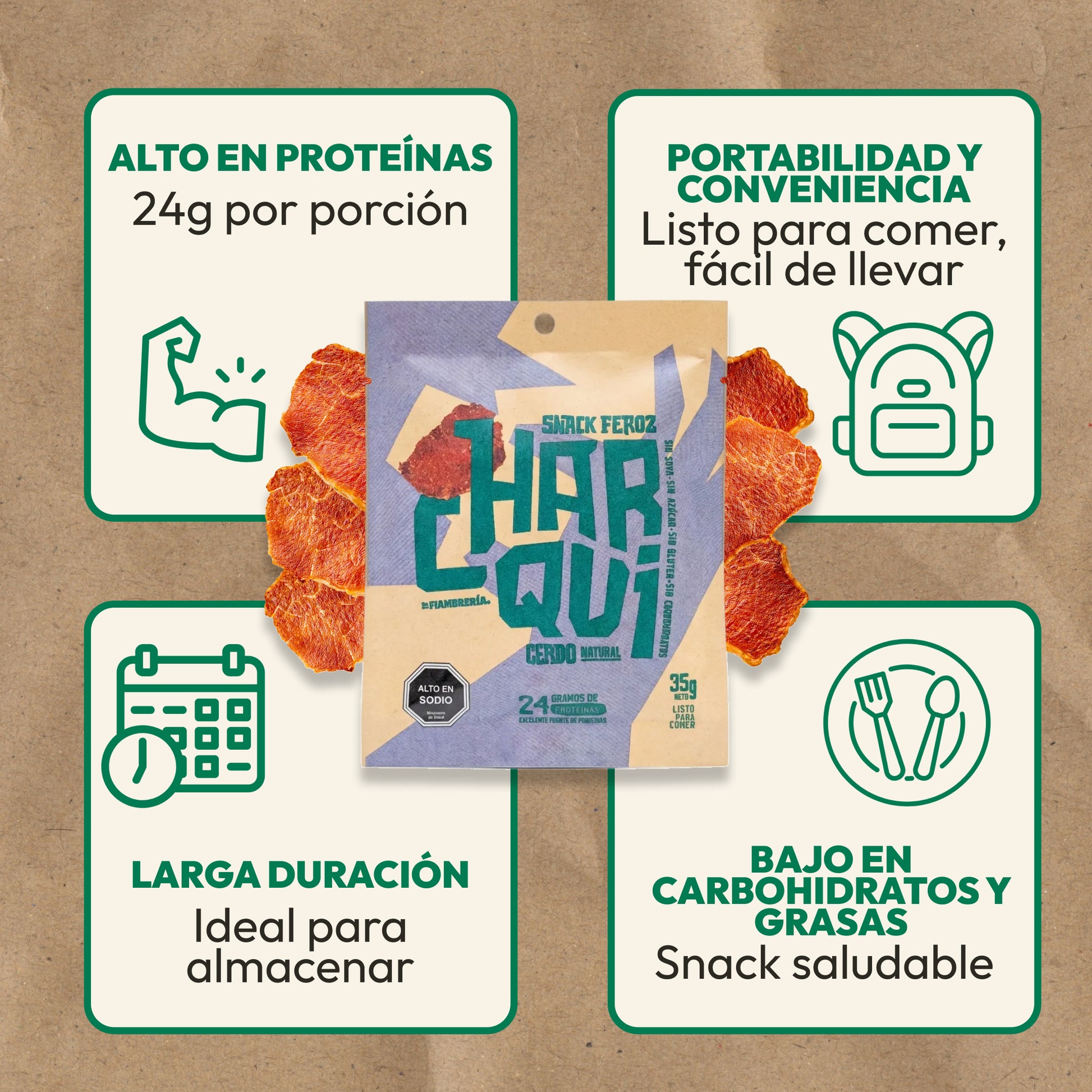 Pack mix charqui vacuno y cerdo sin azúcar, snack alto en proteína hecho en Chile