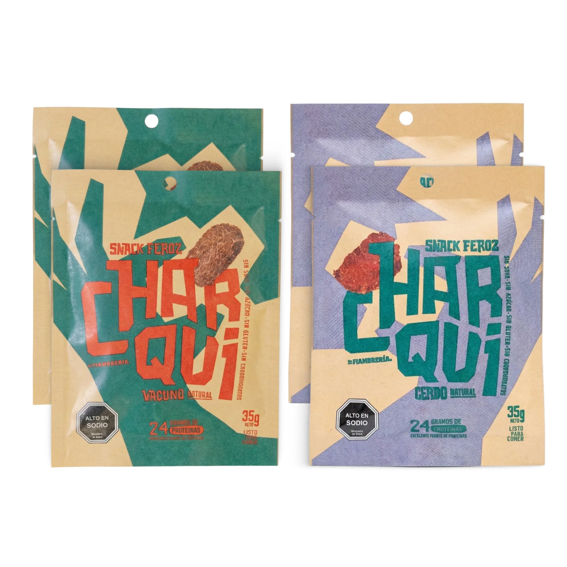 Mix de charqui sin azúcar Feroz Snack, pack de 4 unidades con vacuno y cerdo