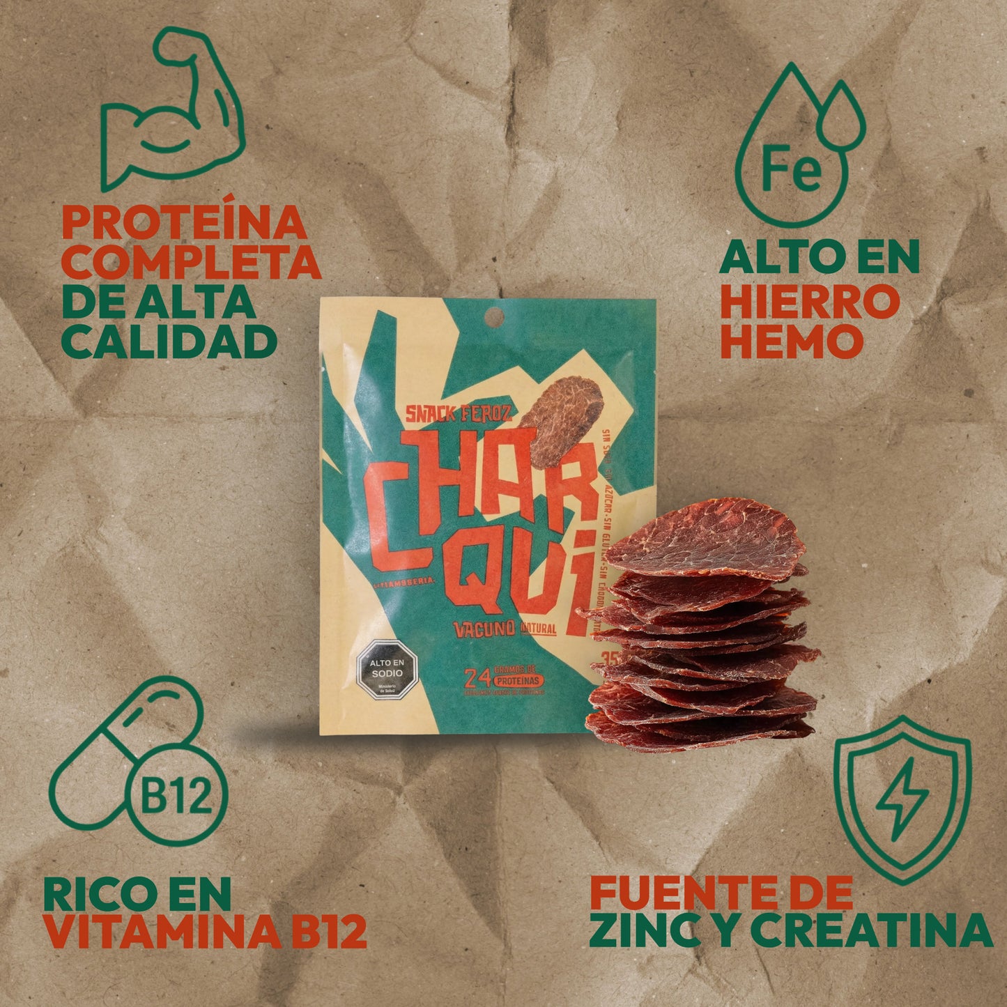 Pack mix charqui vacuno y cerdo sin azúcar, snack alto en proteína hecho en Chile
