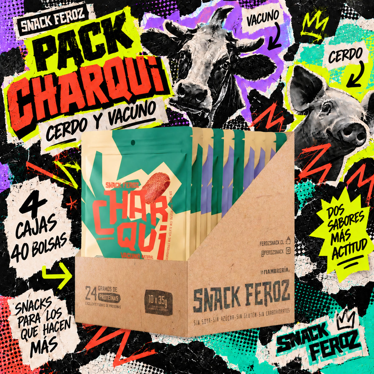 Pack 4 cajas de charqui de cerdo y vacuno Feroz Snack, 40 bolsas de 35 g